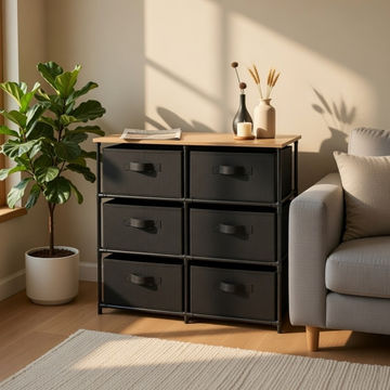 Bragg Essential Fabric Chest of Drawers (6 Drawer), Oak & Black