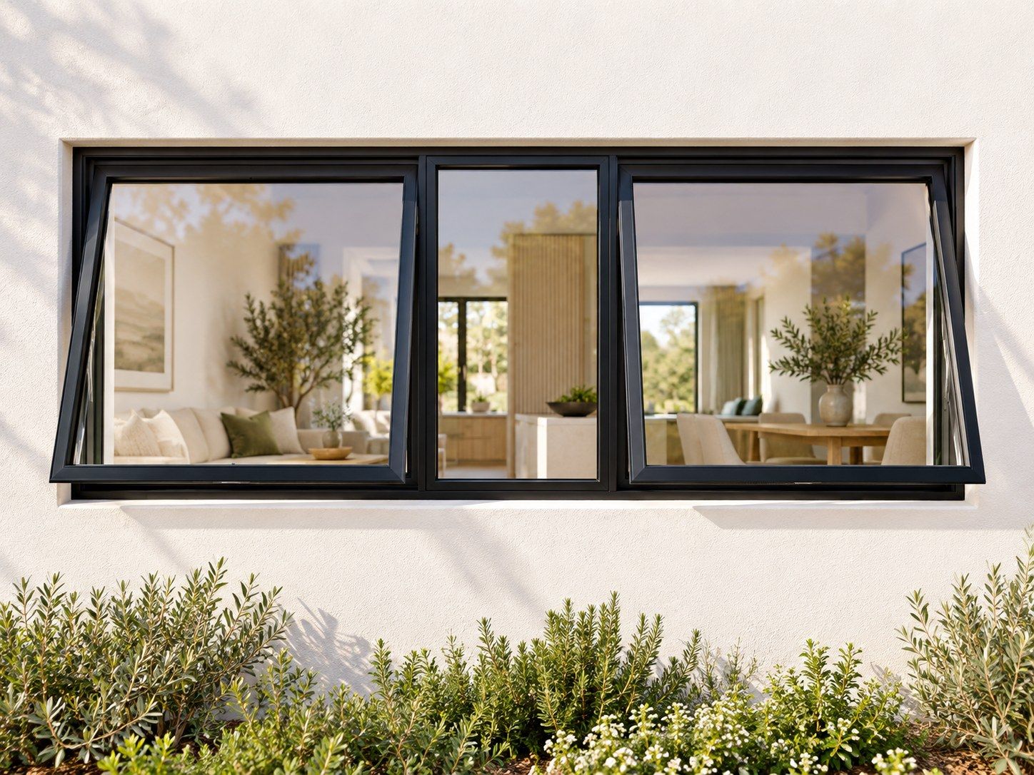 Kenzo Premium Top-Hung Aluminium Window - Black, 1500 600 mm, Two Outer Openers with Fixed Centre, Clear Glass