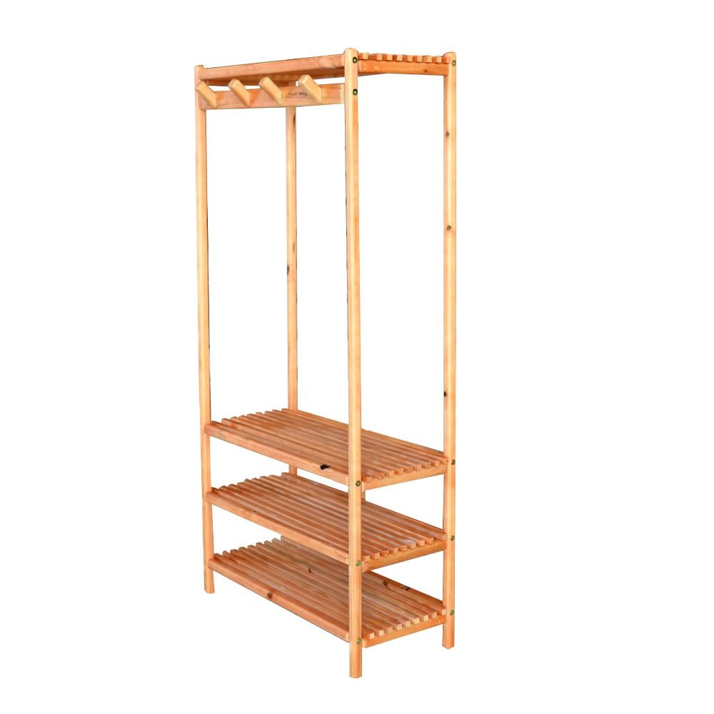 Coat Rack Wooden Foot Shelf Wardrobe with Clothes Hanger