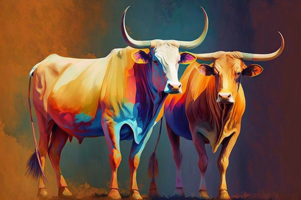 Canvas Wall Art - Two Colourful Sahiwal Cattle - B1446 - [120 x 80 cm]
