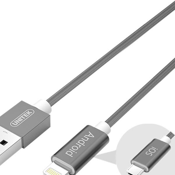 Unitek 1.5M 2-In-1 Usb To Micro Usb And Lightning Cable, Grey
