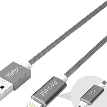 Unitek 1.5M 2-In-1 Usb To Micro Usb And Lightning Cable, Grey