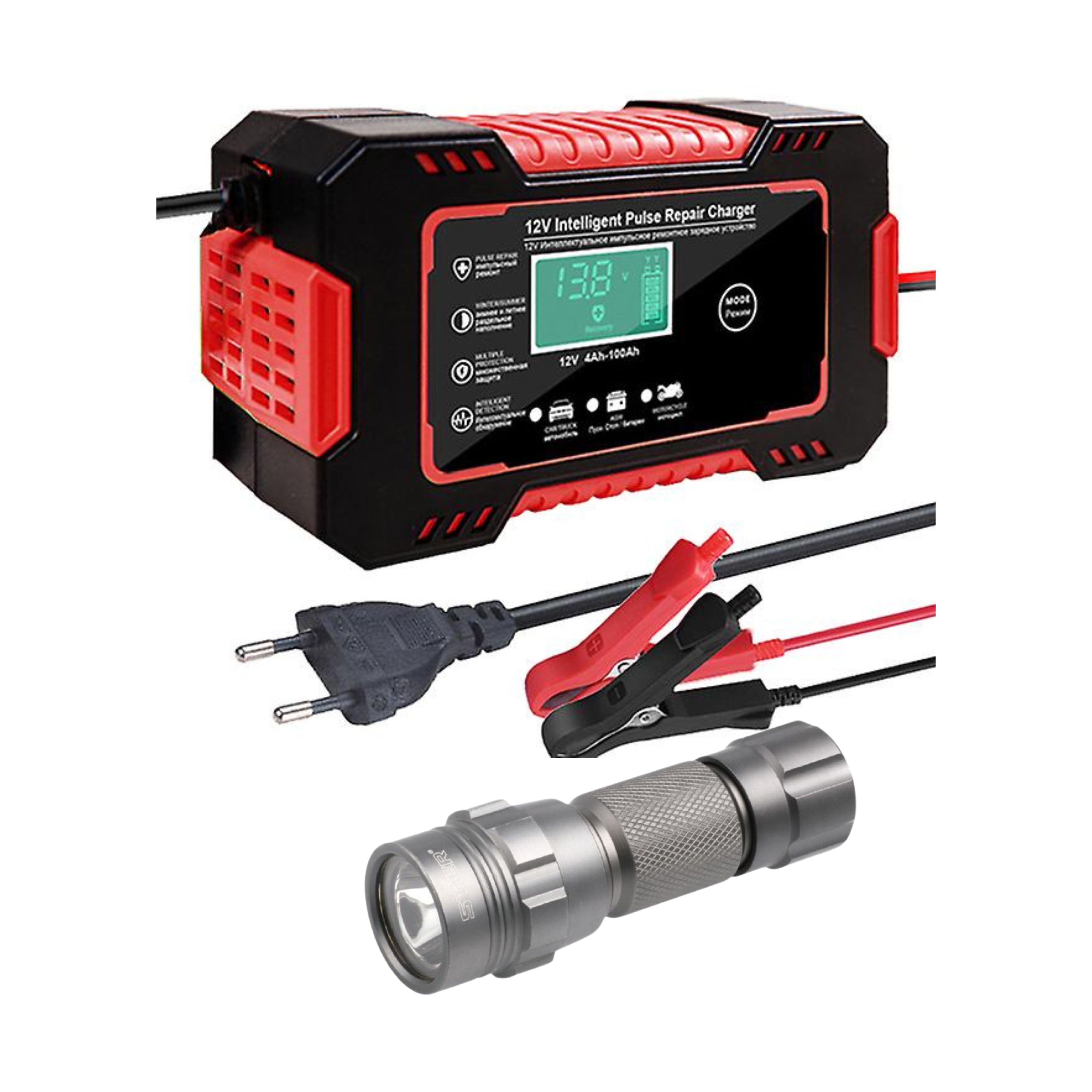12V6a Battery Intelligent Pulse Repair Charger and Stier Waterproof Torch