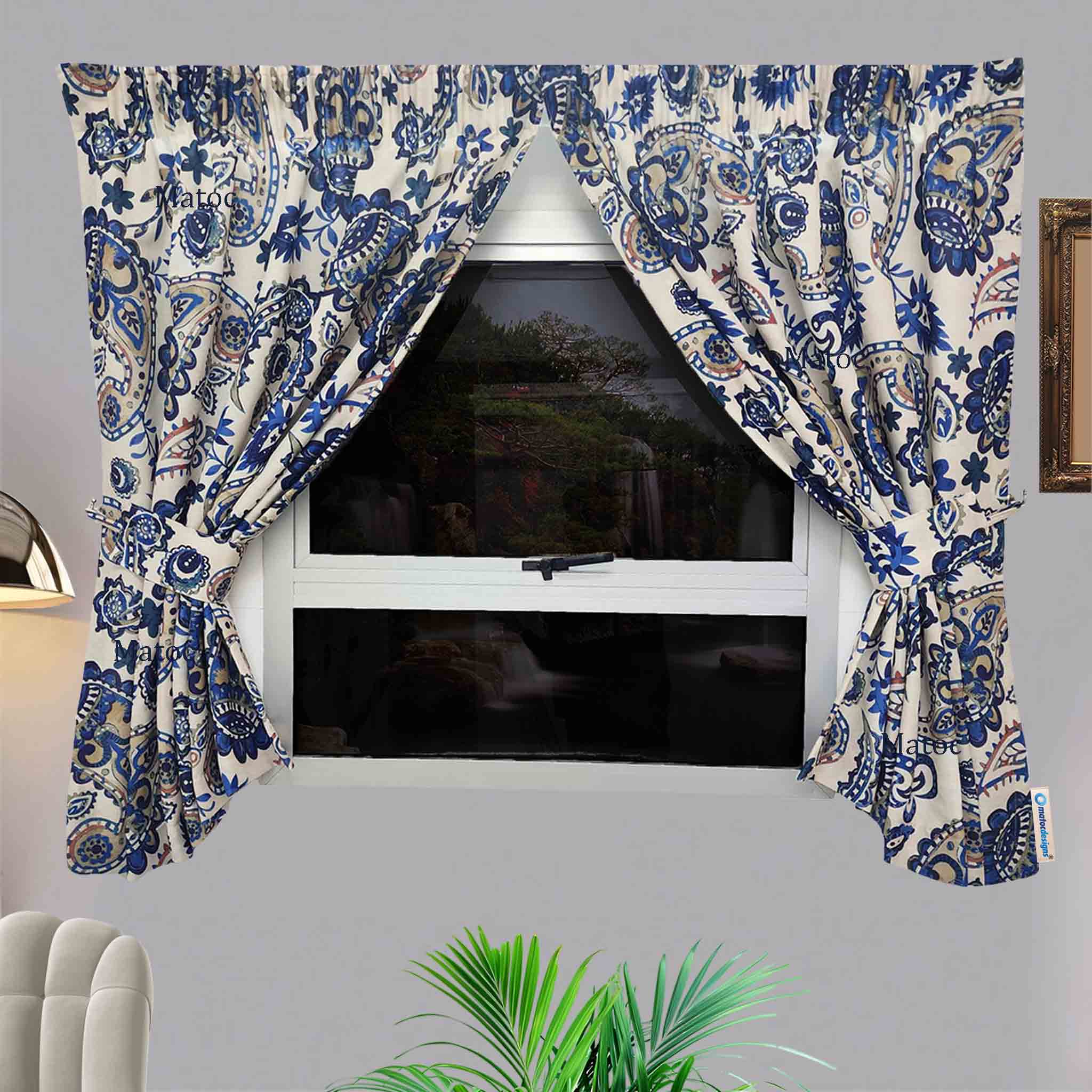 Matoc Designs Shorter Curtain - Paisley Blue - Taped - 110cm W x 160cm H - Pack of 2