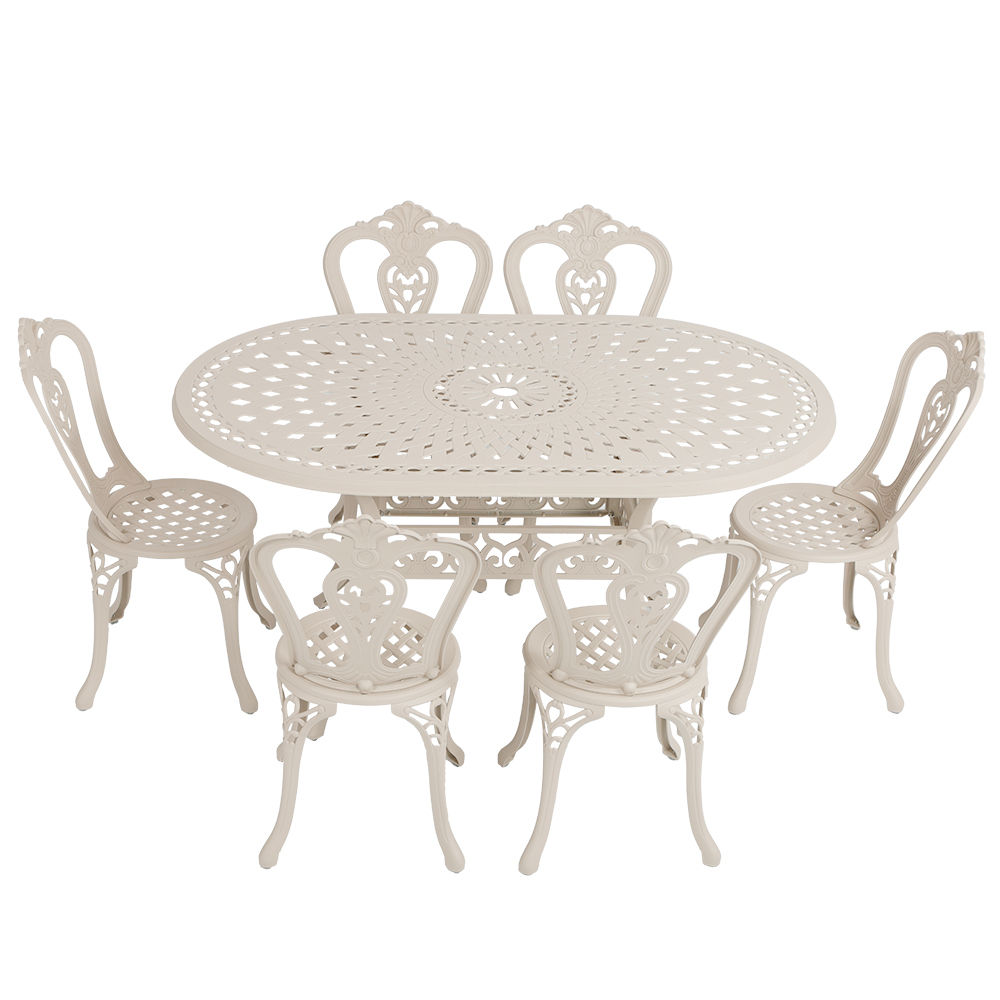 6 Seater - Victoria Aluminium Patio Set / Garden Furniture / Outdoor Dining Set    (6 Victoria Chairs with 150cm x 96cm Oval Lattice Table) - SAND