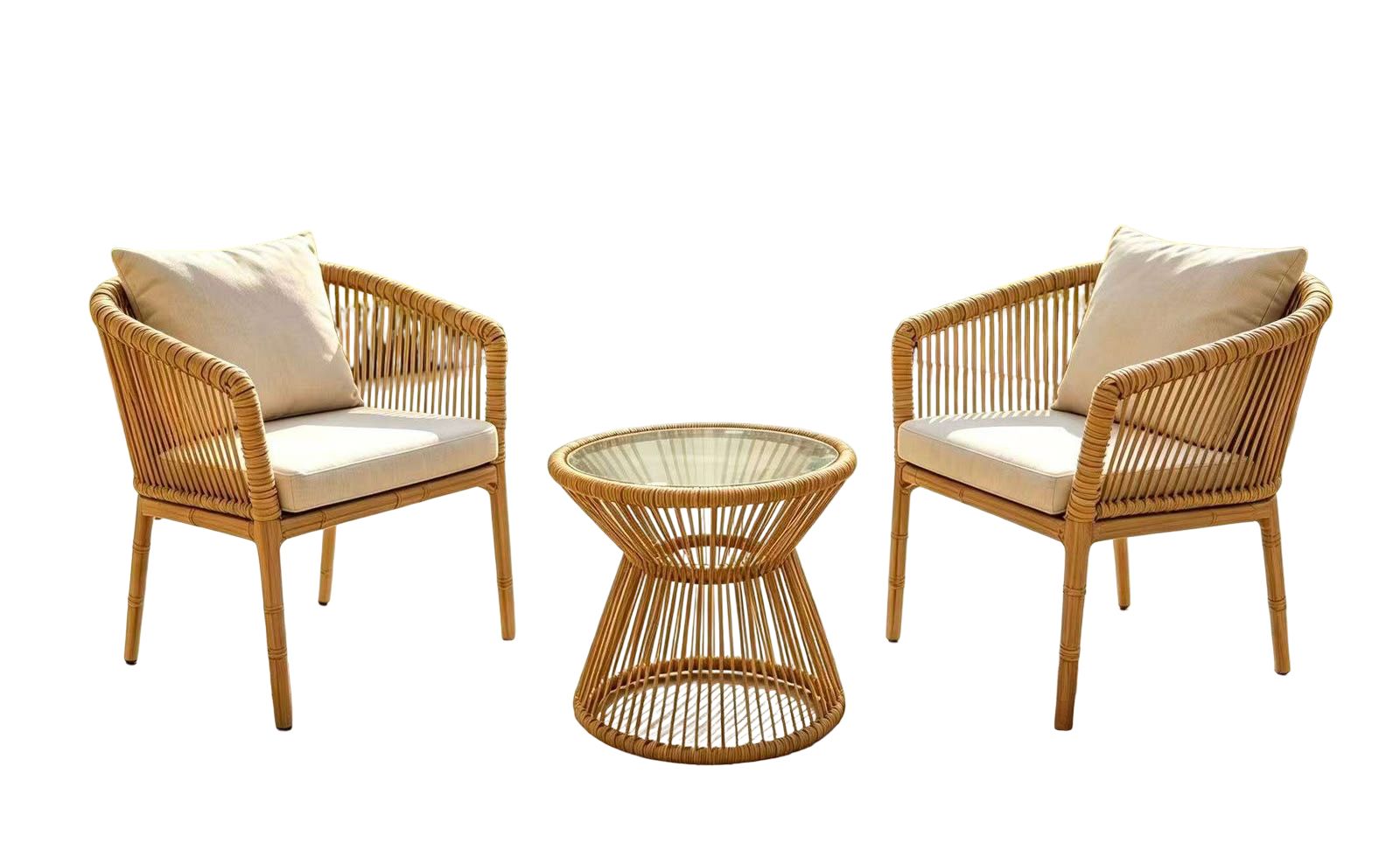 3-Piece Outdoor Natural Wicker Bistro Set with Hourglass Glass Table