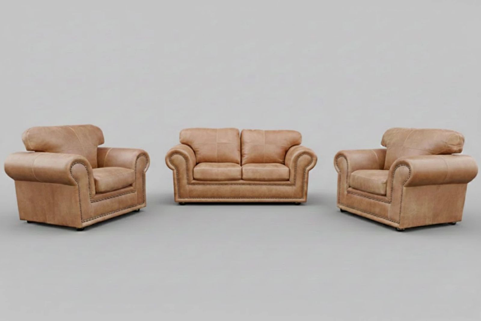 Afrikan Comfort Genuine Leather Lounge Set 3-Piece (x2 1-Seater Chairs x1 2-Seater Sofa -Exotic Tan)