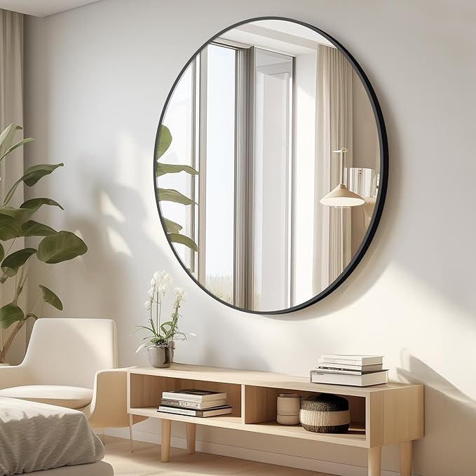 KC FURN -Civeno Black Frame Round Mirror 120cm