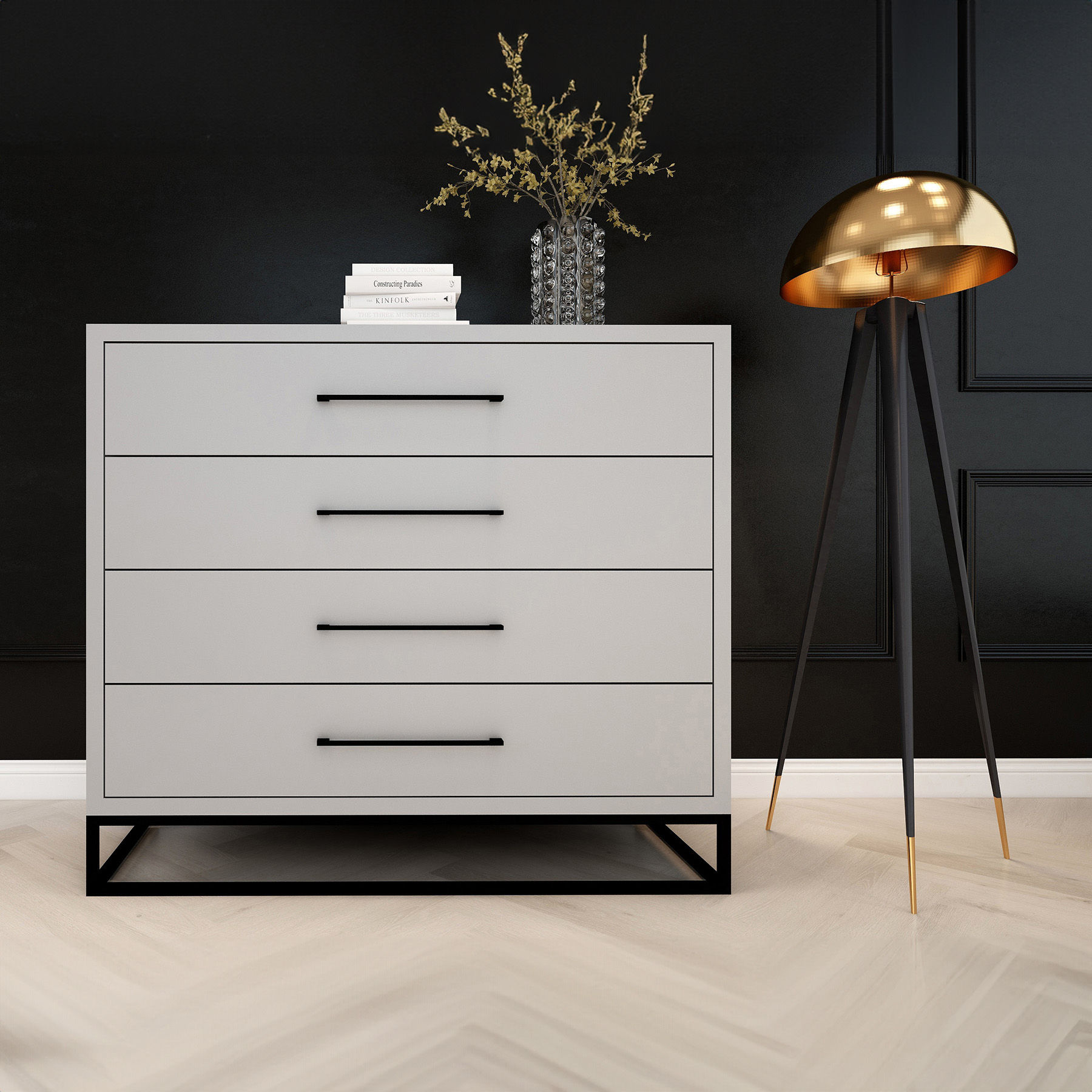 4 Drawer Server Lilo Satin Light Grey - Black Frame
