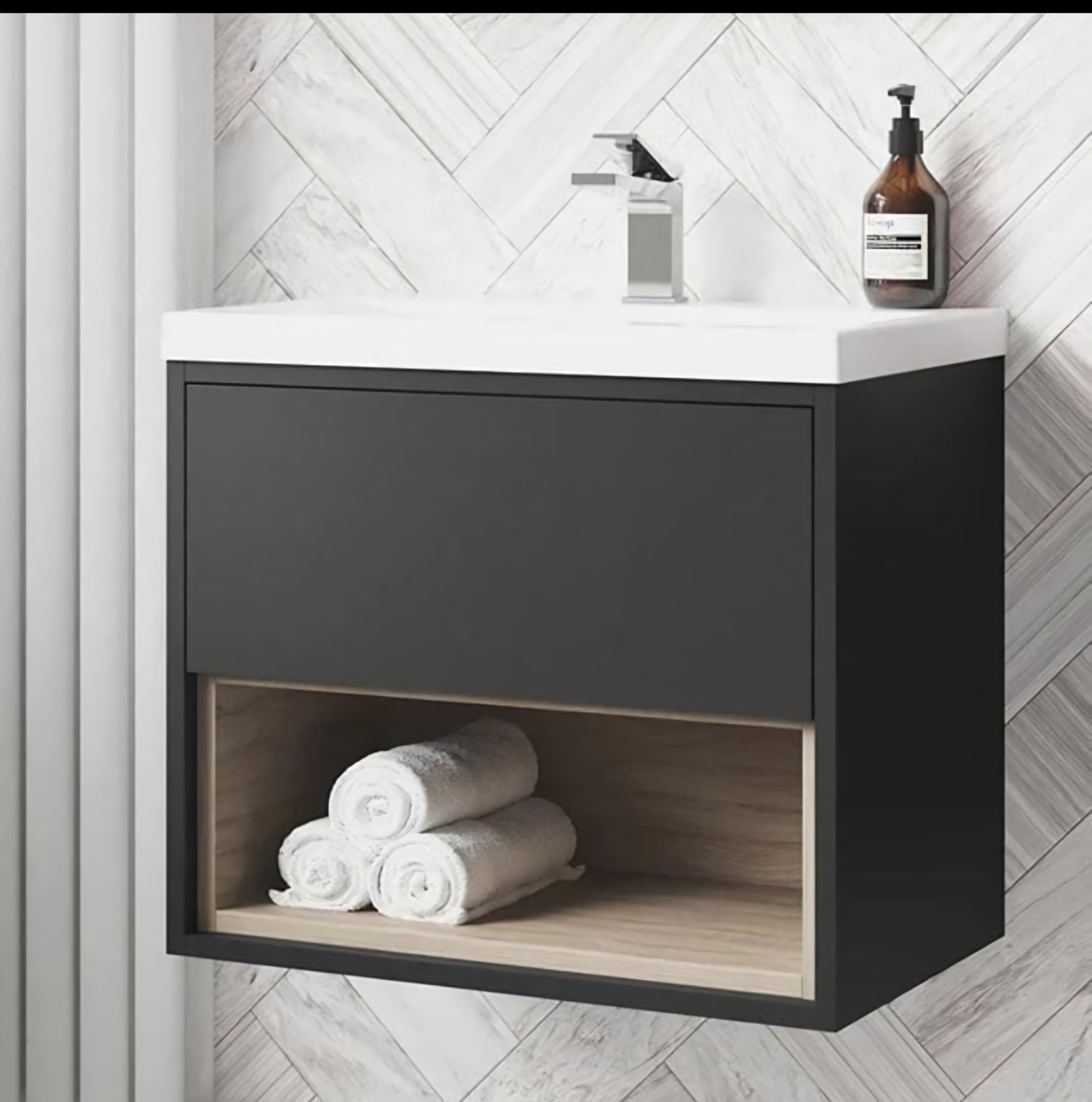 Black and Summer Oak Single Drawer with Basin Vanity 60cm