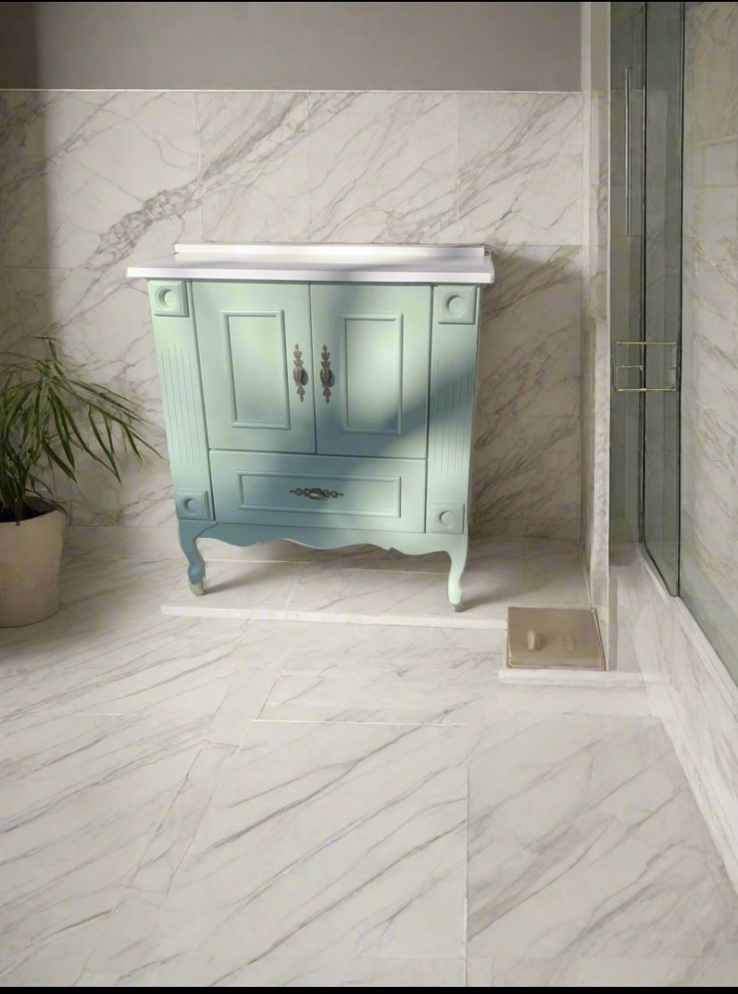 Single Vanity Sage Green – 800mm with White Quartz Top & Gold Handles