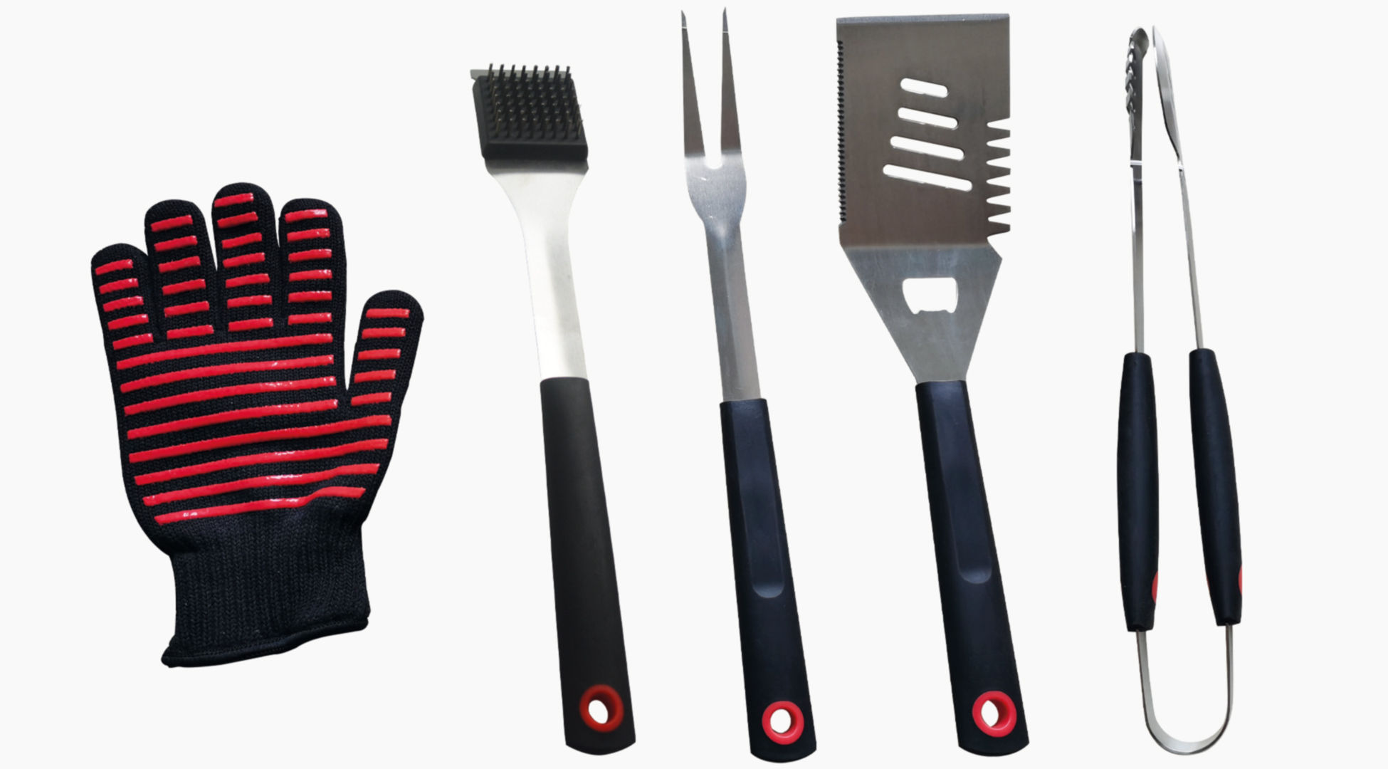 5PC BBQ TOOL SET IN CASE (FORK / BRUSH / TONGS / LIFTER / GLOVE)