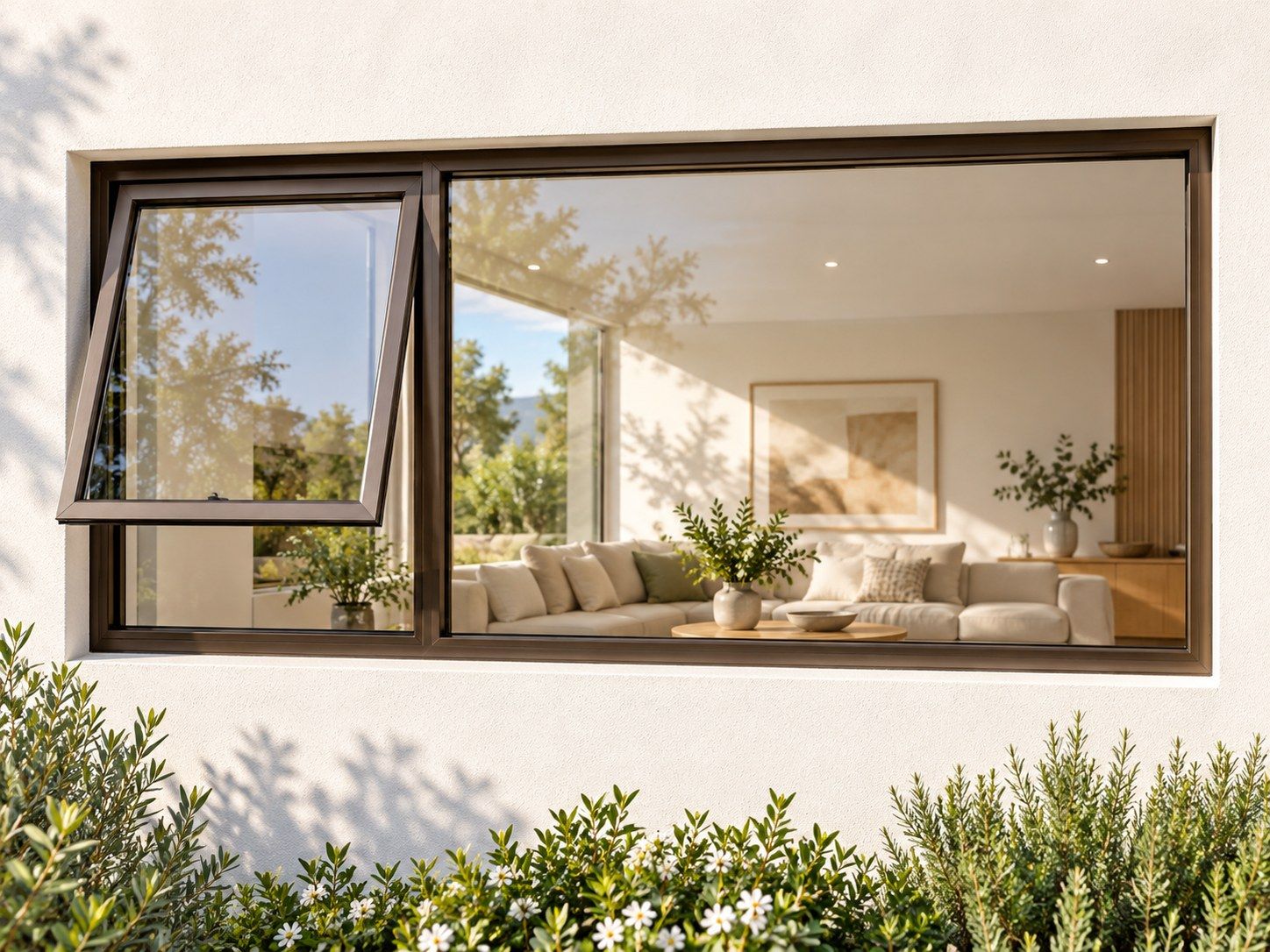 Kenzo Premium Top-Hung Aluminium Window - Bronze, 2100 600 mm, Left Upper Opener with Fixed Side Pane, Clear Glass