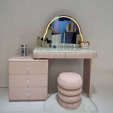 Madiega Furniture - Elegant Pink & White Oval-LED Dressing Table