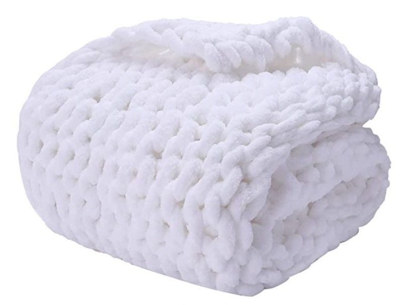 Chunky Knit Chenille Throw Blanket - WHITE