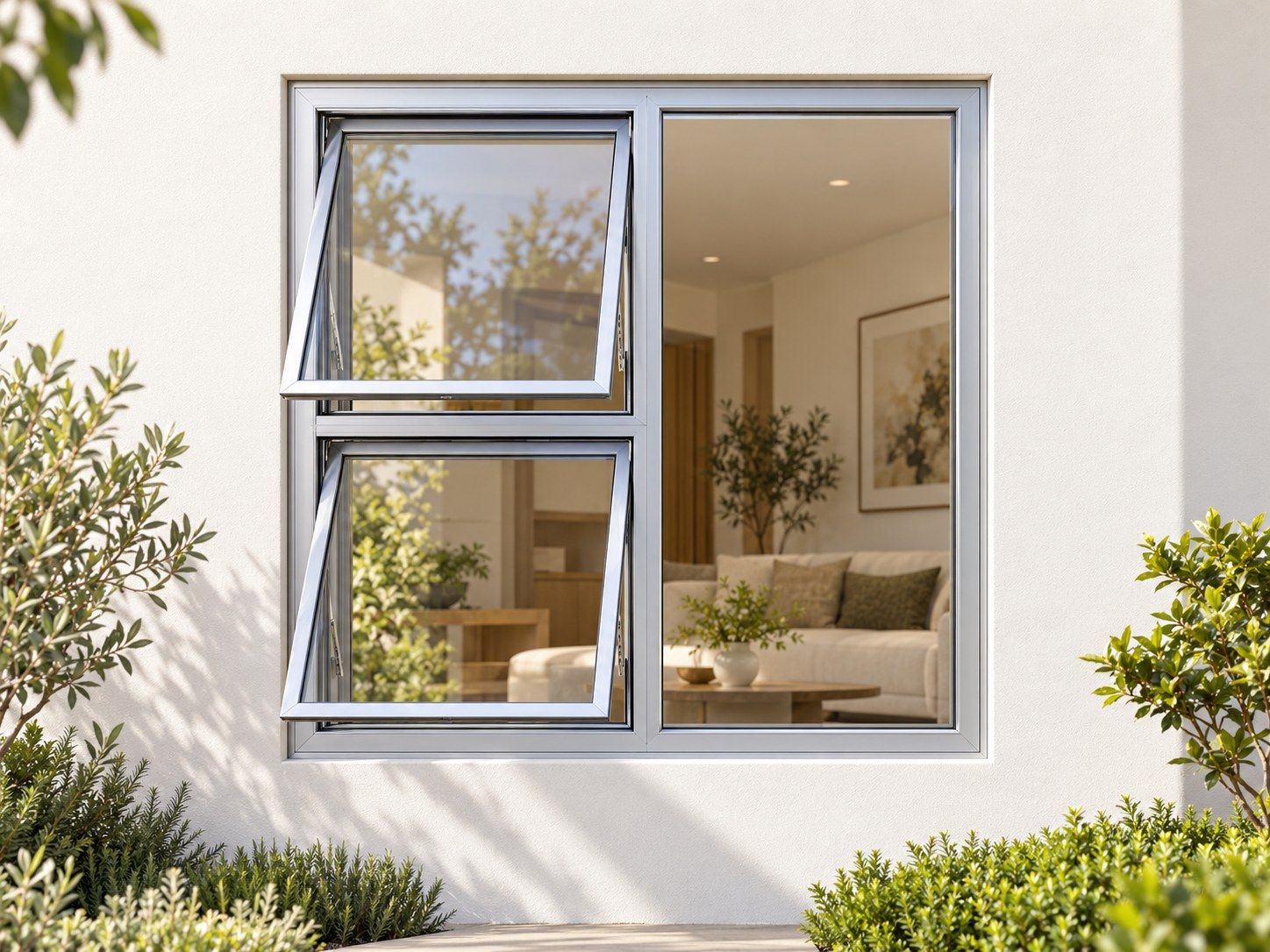 Kenzo Premium Top-Hung Aluminium Window - Silver, 1200 1200 mm, Left Two Openers with Fixed Side Pane, Clear Glass