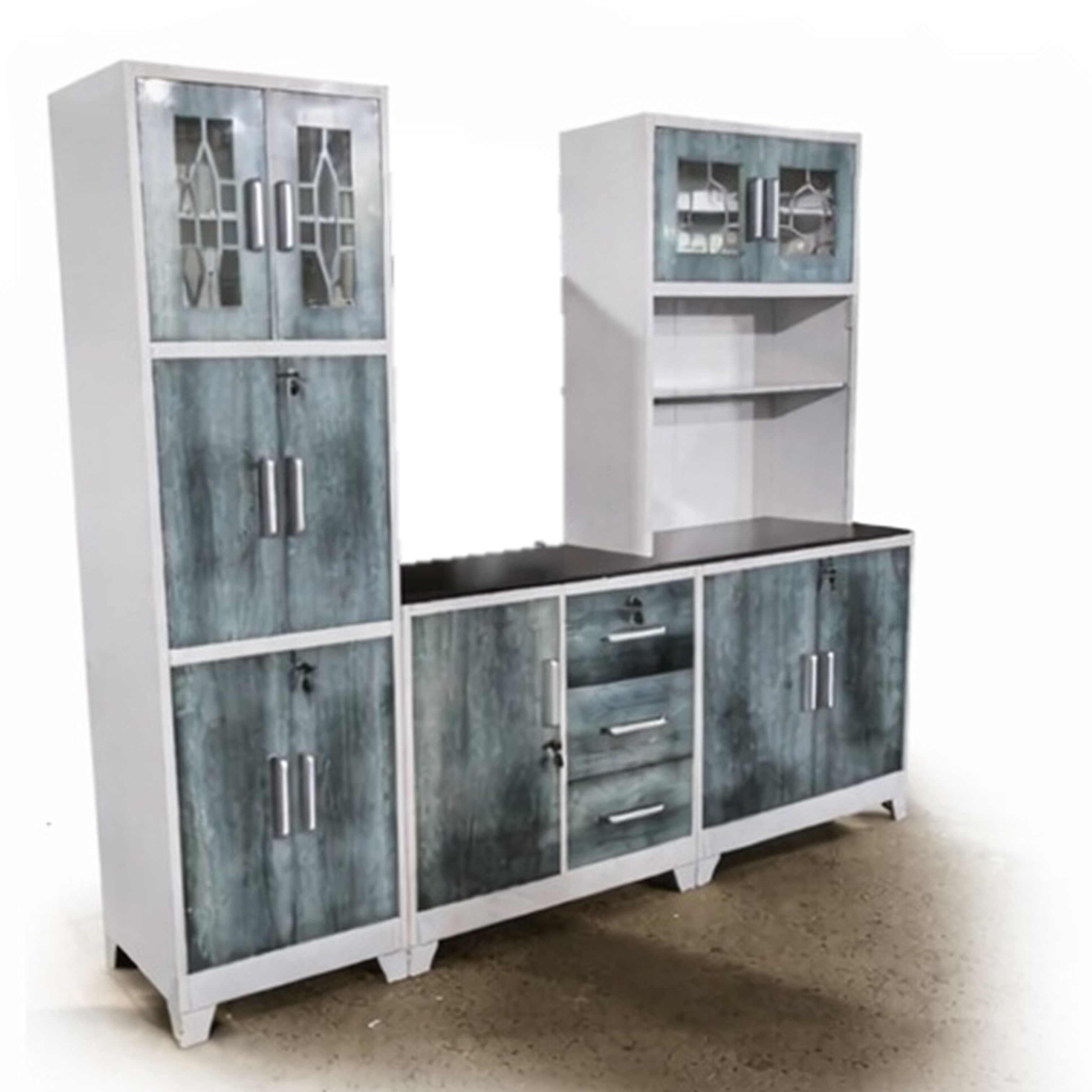 Madiega Furniture - 3-Piece Grey & White Steel Kitchen Pantry Unit with Locks
