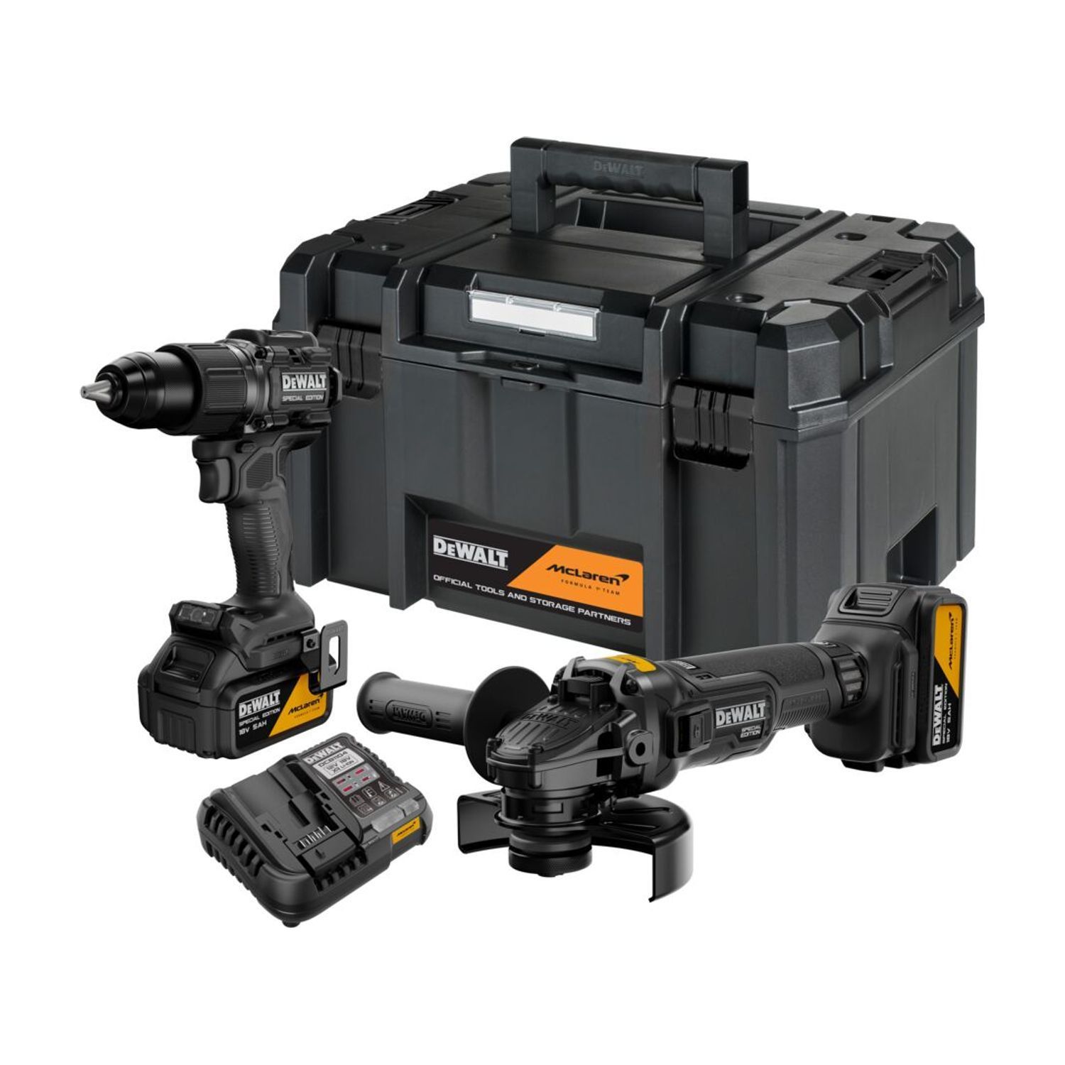 x McLaren F1 Team 18V XR Brushless Hammer Drill & 125mm Grinder Kit – 2 x 5.0Ah