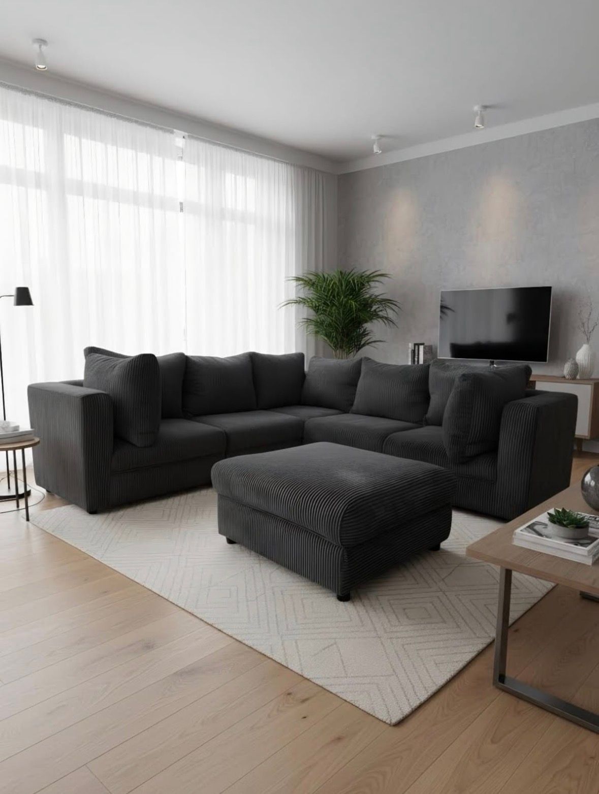 Mapula Corduroy Couch - 5 Seater With Ottoman - Dark Grey