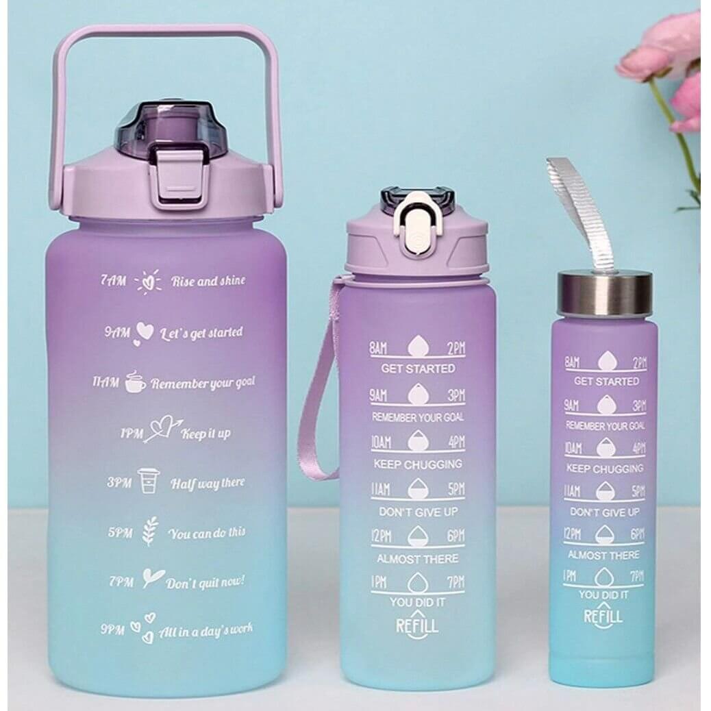 Set of 3 Motivational Water Bottles - Purple and Blue