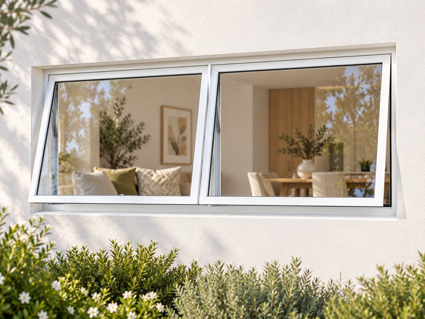 Kenzo Premium Top-Hung Aluminium Window - White, 1200 600 mm, Two Side-by-Side Openers, Clear Glass