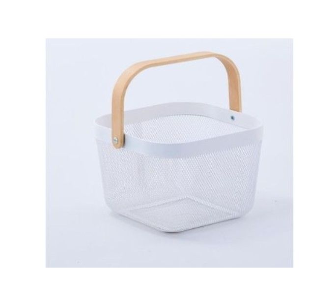 Vegetable wire basket with wooden handle - white