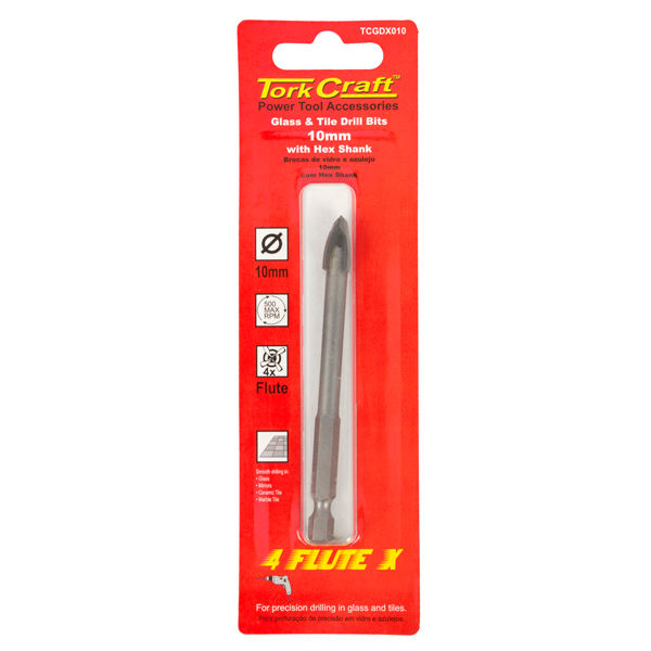 Glass & Tile Drill 10Mm 4 Flute With Hex Shank