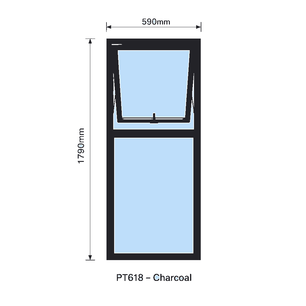 PT618 – Top Hung Aluminium Window – Charcoal 590mm X 1790mm 1 Opening Vent