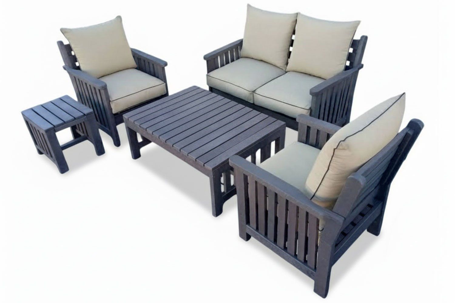 Royal Recycled Plastic Lounge Set 5-Piece 4-Seater x2 1-Seater Chairs 1 2-Seater Sofa Coffee Table Side Table (Beige Cushions)