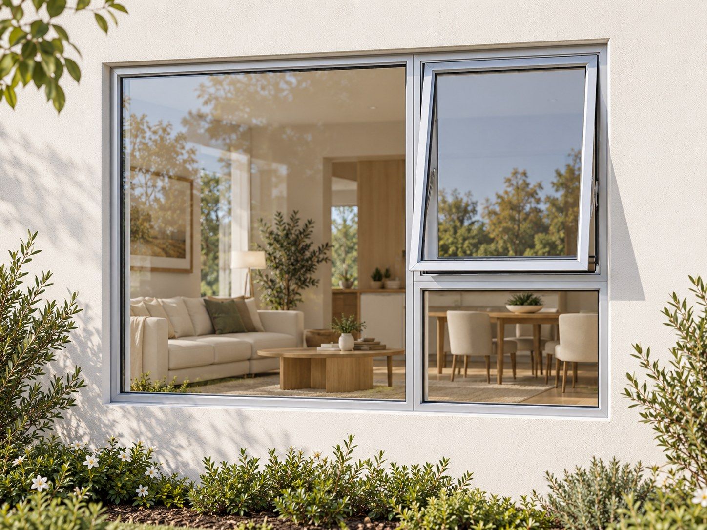 Kenzo Premium Top-Hung Aluminium Window - Silver, 2100 900 mm, Right Upper Opener with Fixed Lower and Side Panes, Clear Glass