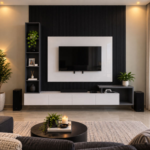 Queen Modern TV Wall Unit – Black & White
