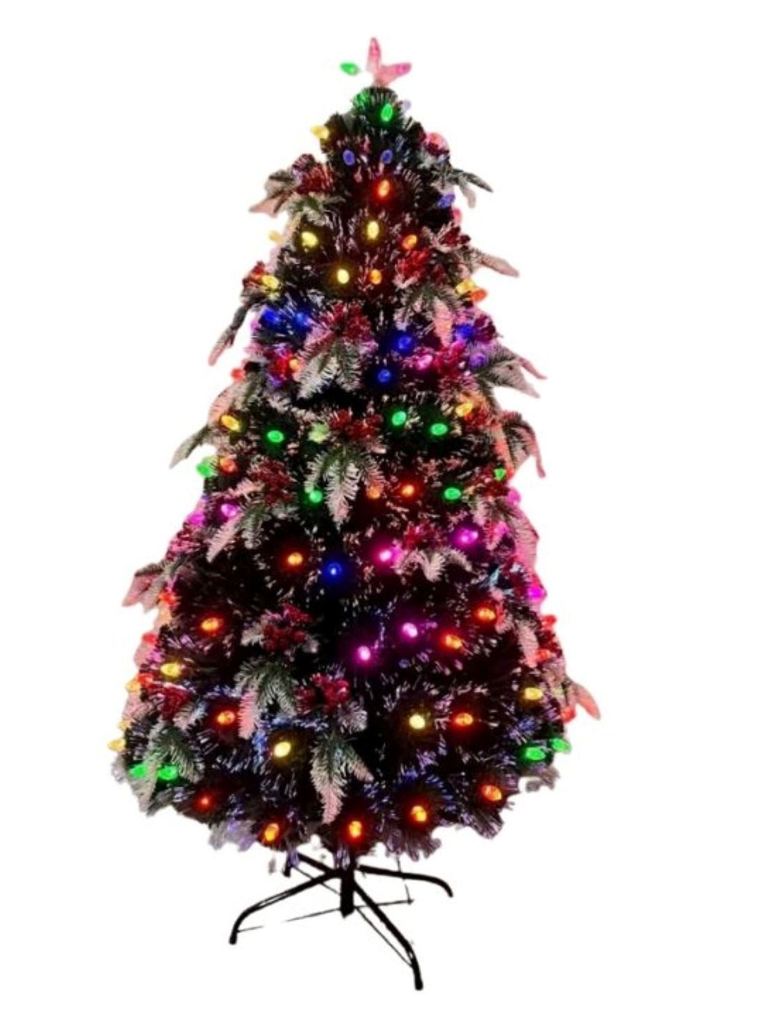 Artificial Christmas Tree with Multi-Coloured LED Lights, 150 Bulbs, Black Stand-210cm