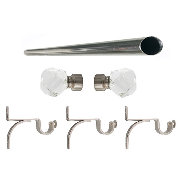 Matoc 25mm Single Curtain Pole Set - Silver - Crystal Prism Finials - 4.5m