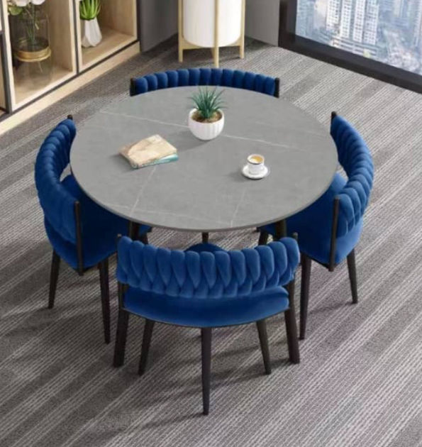 Modern Velvet Nordic Round Dining Table Set 5pc Set (BLUE)