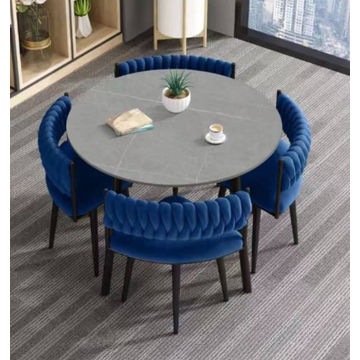 Modern Velvet Nordic Round Dining Table Set 5pc Set (BLUE)