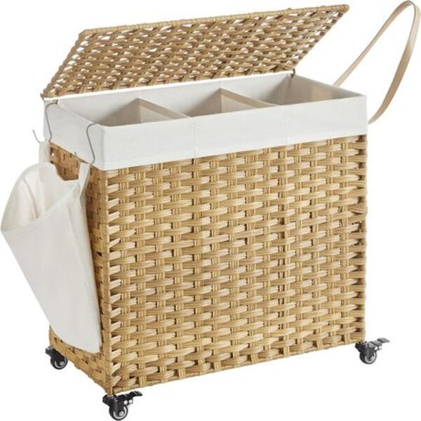 140L Laundry Hamper – 3 Compartments, Lid & Rolling Wheels