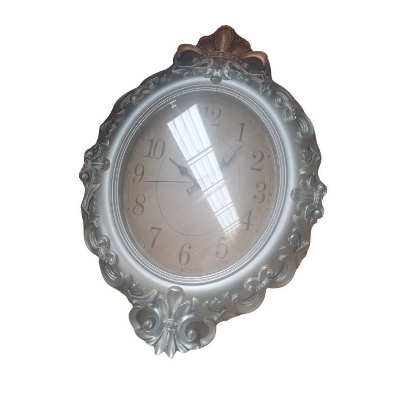 Vintage Ornate Wall Clock, Silver Frame with Bronze Accent, Decorative Baroque Style