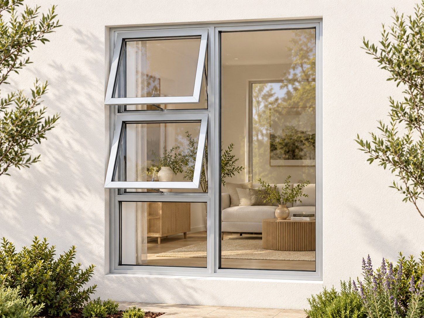 Kenzo Premium Top-Hung Aluminium Window - Silver, 1200 1500 mm, Left Two Openers with Fixed Lower and Side Panes, Clear Glass
