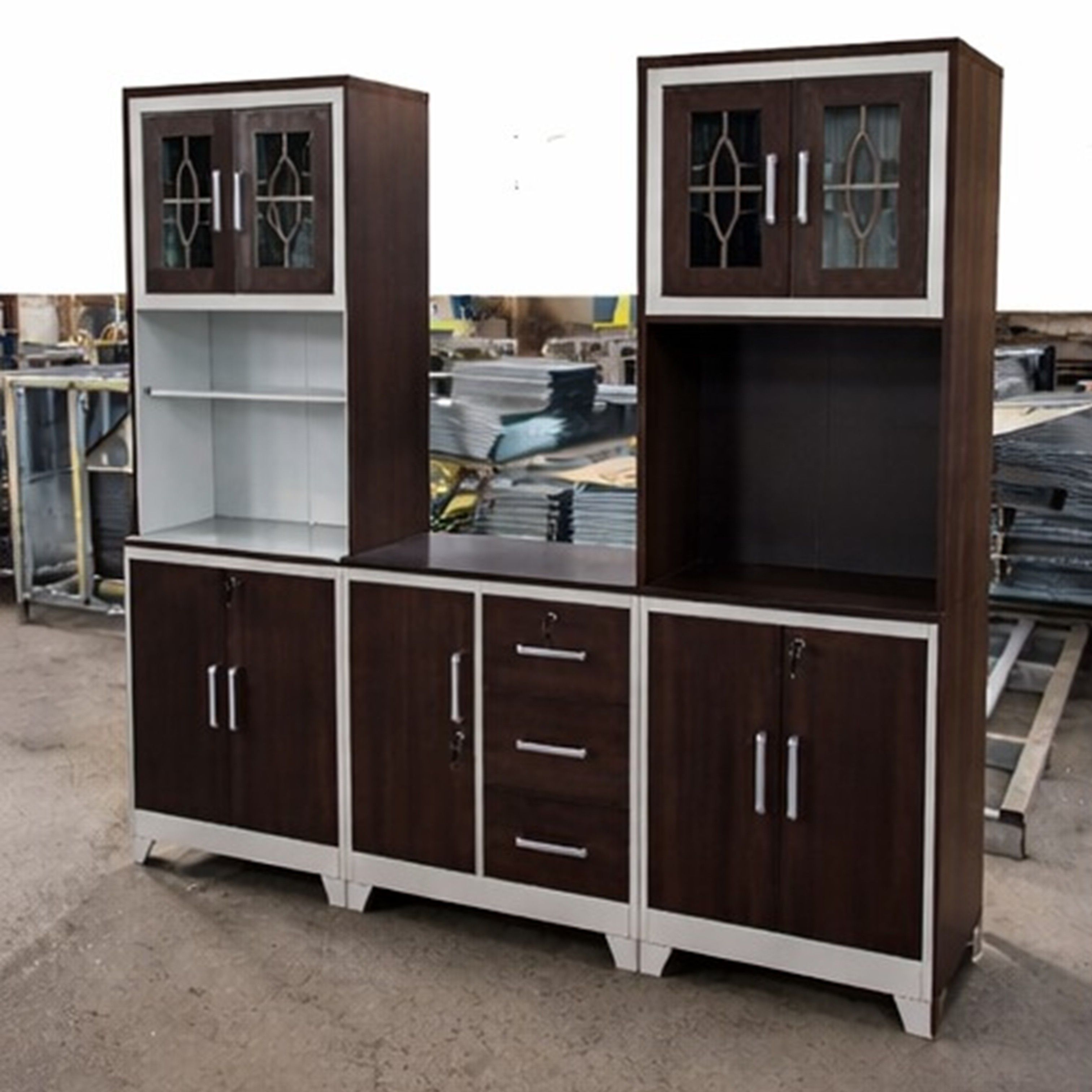Madiega Furniture - 3-Piece Dark Brown & White Steel Kitchen Pantry Unit with Locks