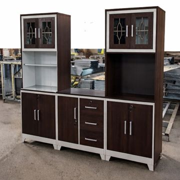 Madiega Furniture - 3-Piece Dark Brown & White Steel Kitchen Pantry Unit with Locks