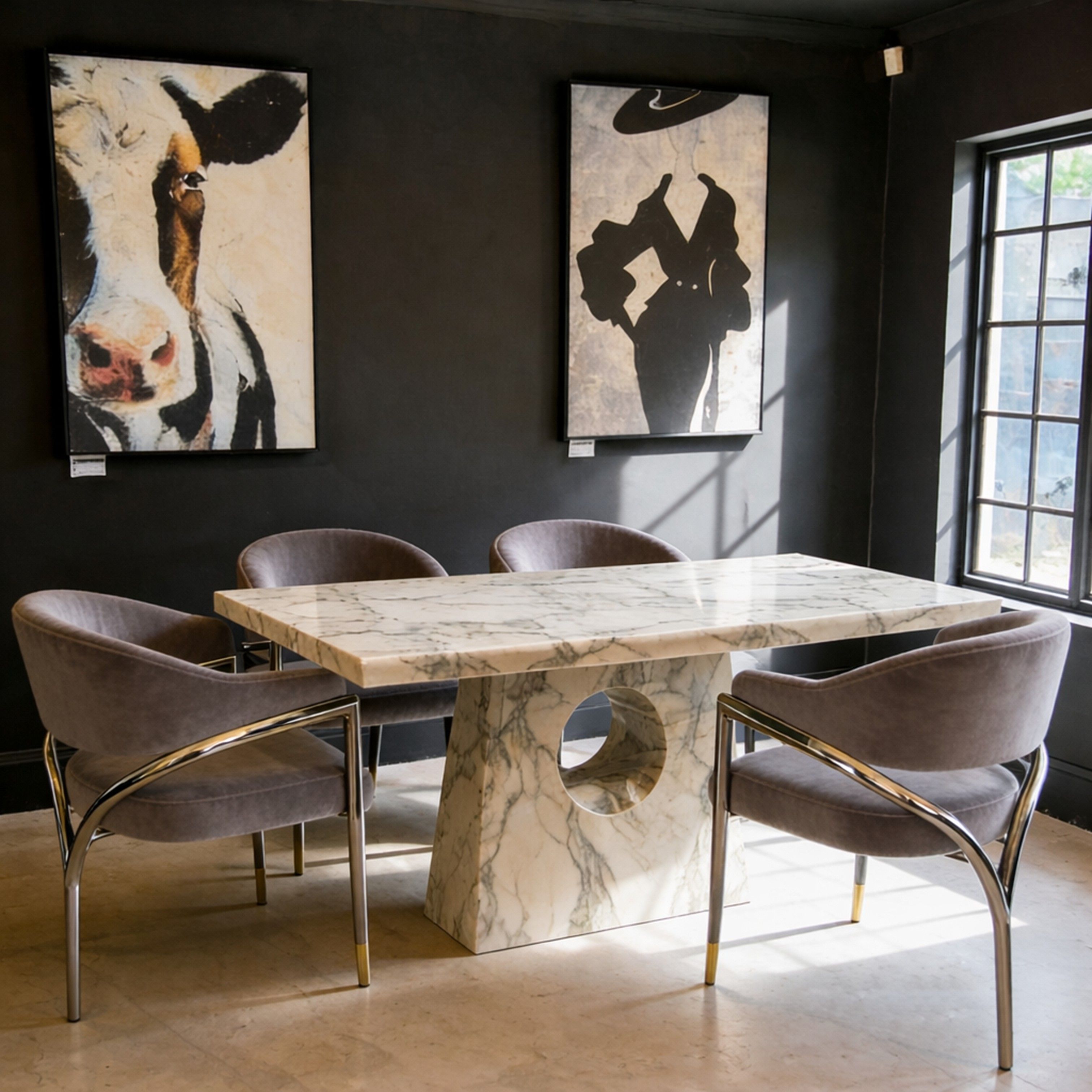 Madiega Furniture - Modern White Marble 6-Seater Dining Set with Circular Cut-Out Pedestal and Grey Velvet Chairs