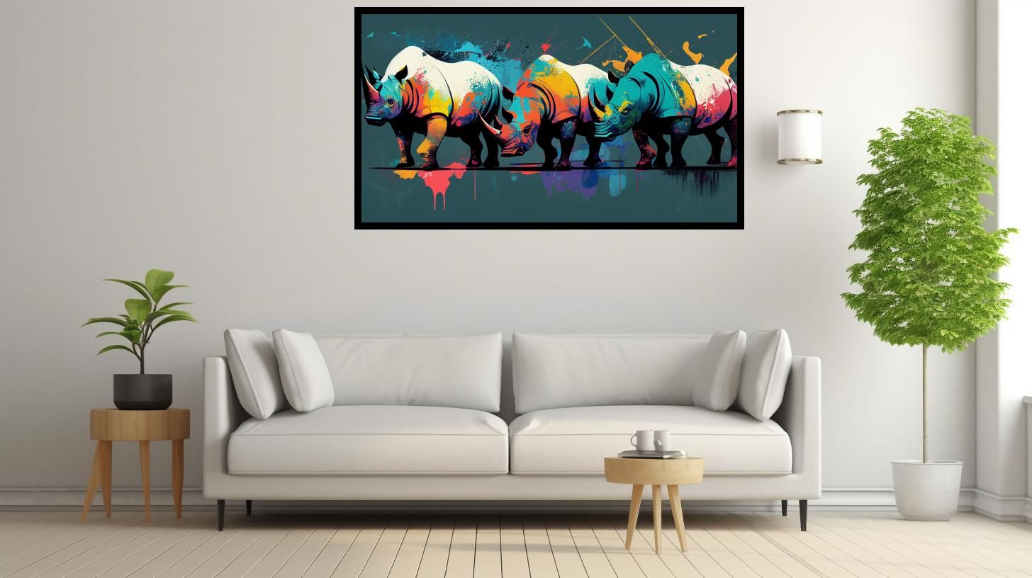 Canvas Wall Art - 3 Rhinos Painting - B1608 [120 x 80 cm]
