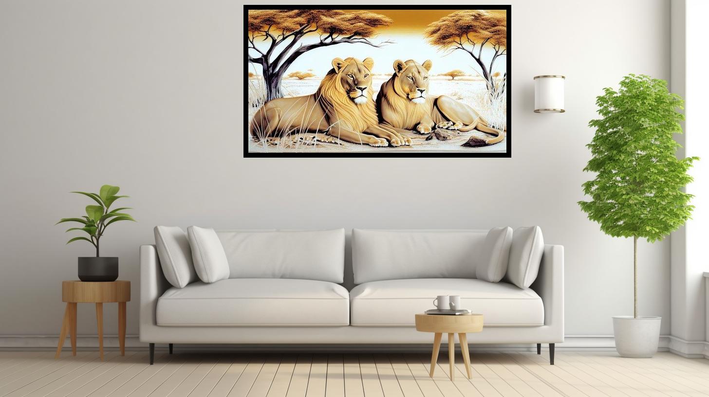 Canvas Wall Art - 2 Lions resting under a tree - B1591 [120 x 80 cm]