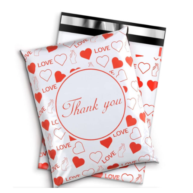 100 White & Red Heart  25x33cm Self-Adhesive Gift Bag  Polymailers Packaging