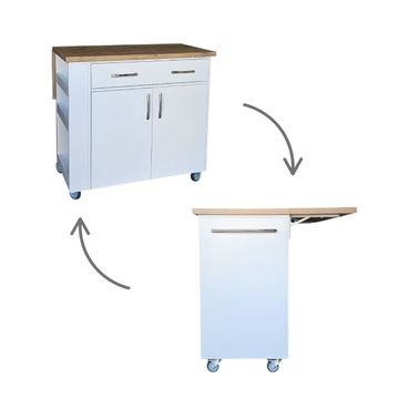 SpaceSave Large Kitchen Island on Wheels with Fold-Out Table & Shelves - White/Kalahari