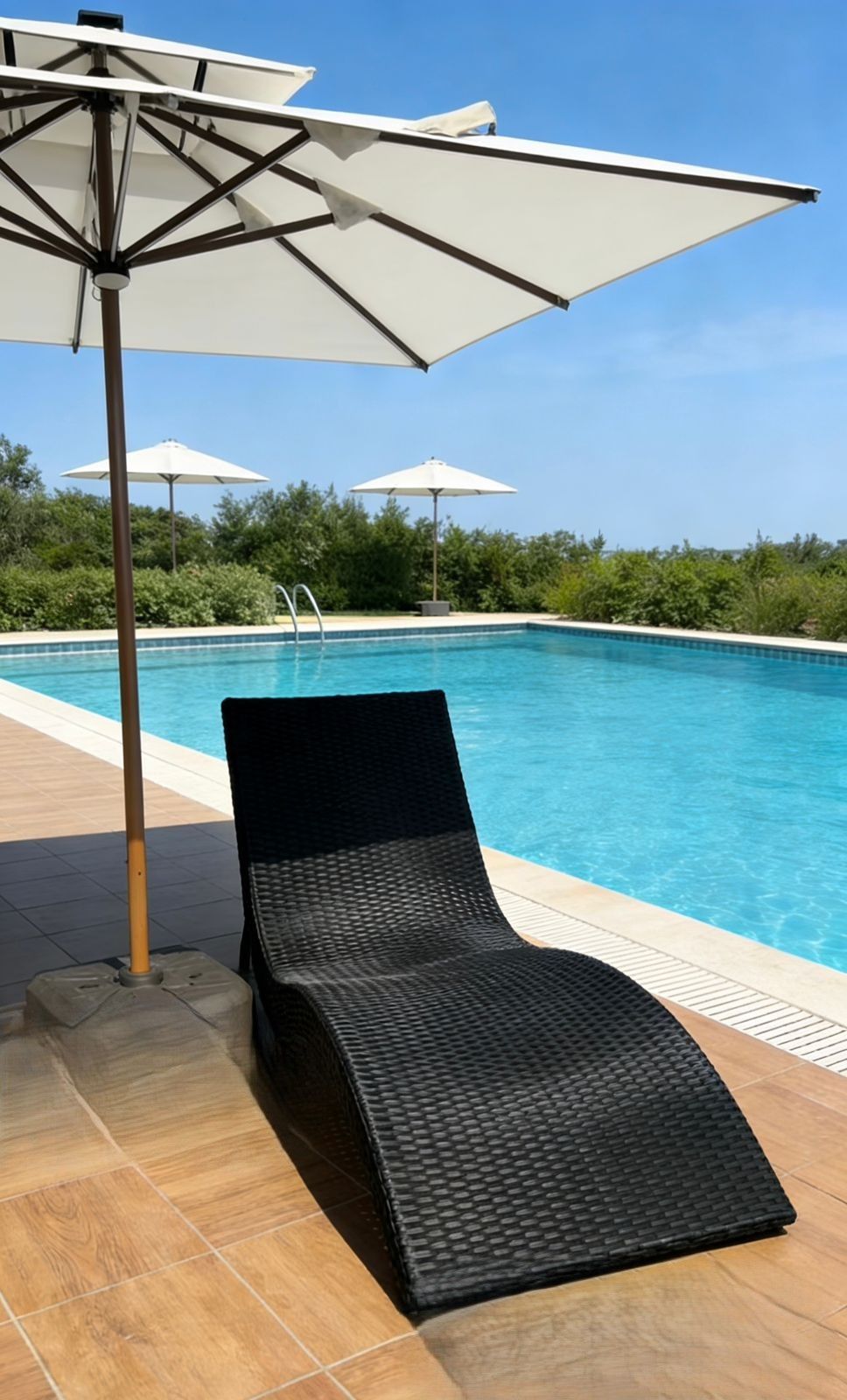 LBM FURN- Outdoor Poolside Lounger & Cantilever Umbrella Set- Wooven Rattan Recliner Combo- Weather Resistant