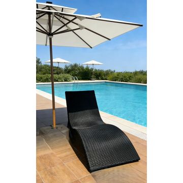 LBM FURN- Outdoor Poolside Lounger & Cantilever Umbrella Set- Wooven Rattan Recliner Combo- Weather Resistant