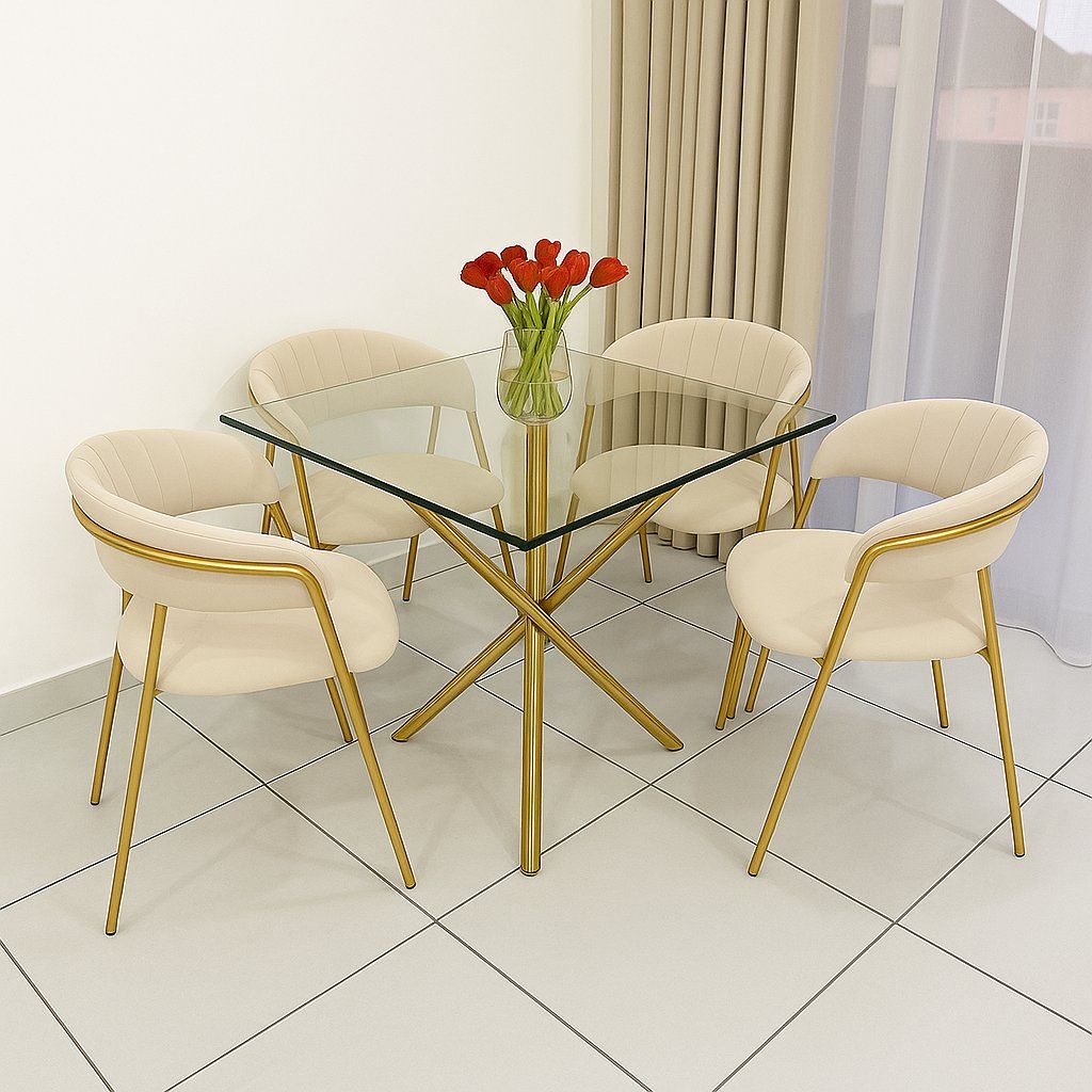 EFURN- JY 4 seater Dining Set with Square Glass Table (Cream)