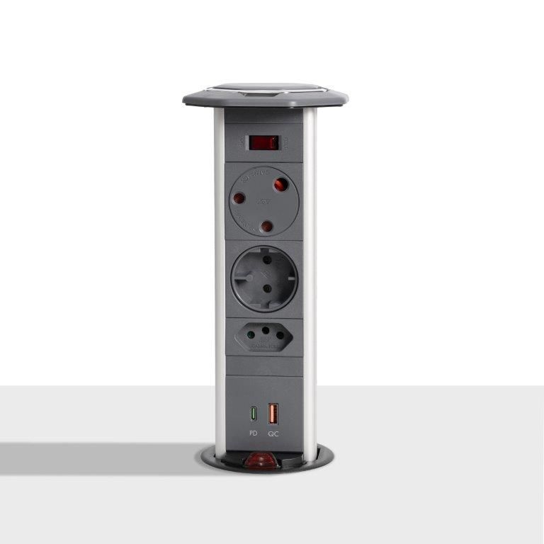 Powerlogic Powerdock MK545 Pull Up Multiplug White with 45W USB Charger - Dark Grey