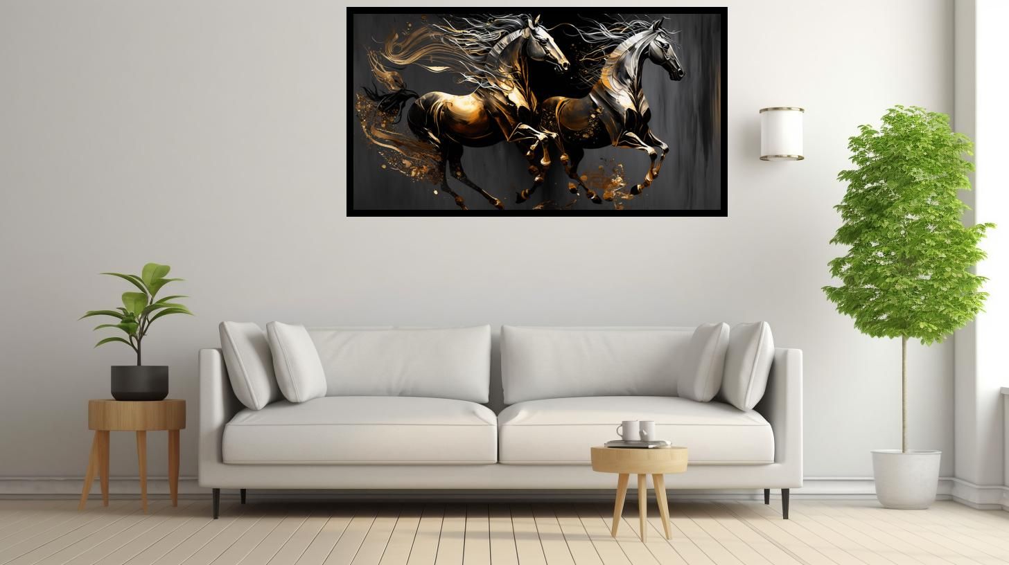 Canvas Wall Art - Canvas Wall Art- Black & Golden Running Horses - B1174 [120 x 80 cm]
